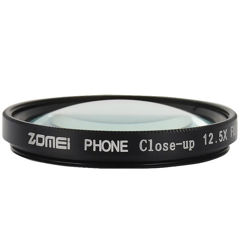 Smartphone macro close-up lens with aluminium frame and clip attachment on white background.