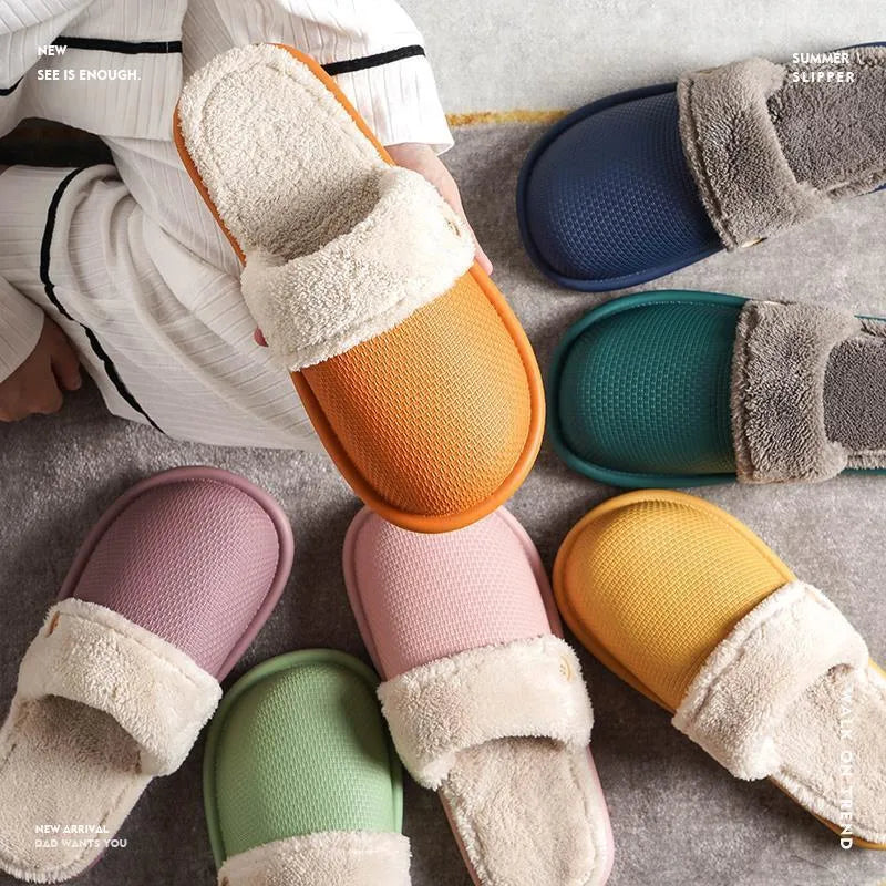 Winter home slippers for women, detachable washable, thermal insulation, stripe pattern, EVA upper, round toe, dark blue colour