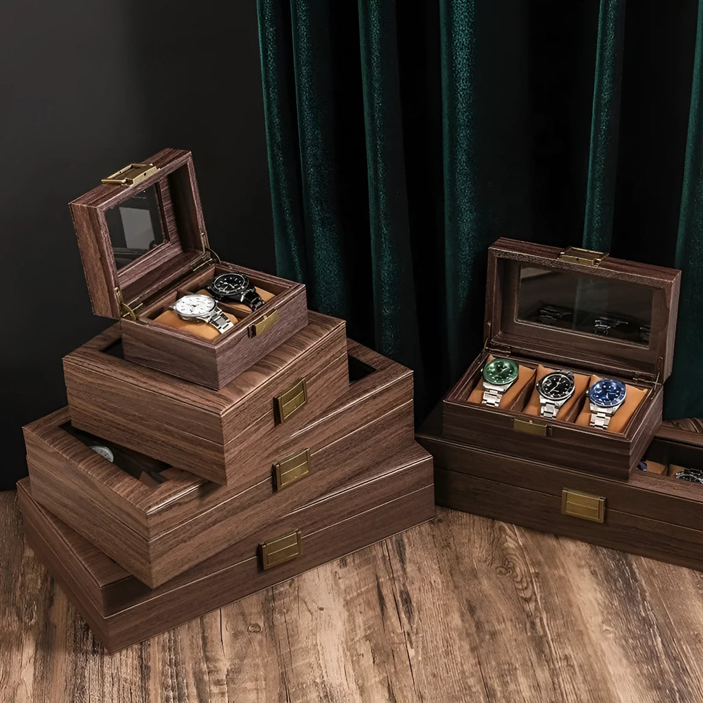 Wood grain PU leather watch storage box with glass lid showing multiple slots with soft pillows