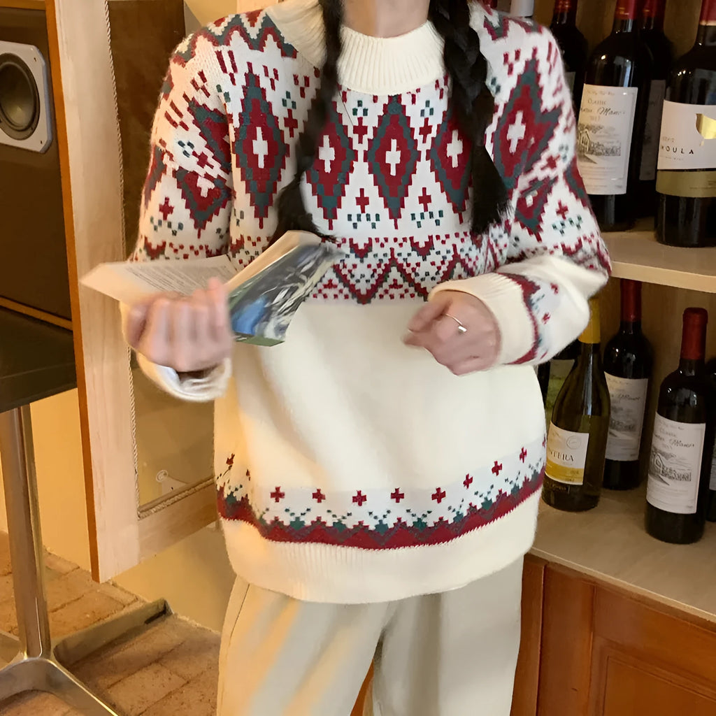 Red and white striped loose retro pullover knitted top with long sleeves.