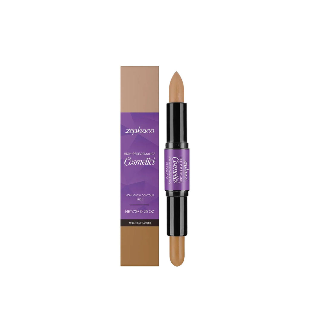 Dual-ended cream highlight and contour makeup stick in three shade styles