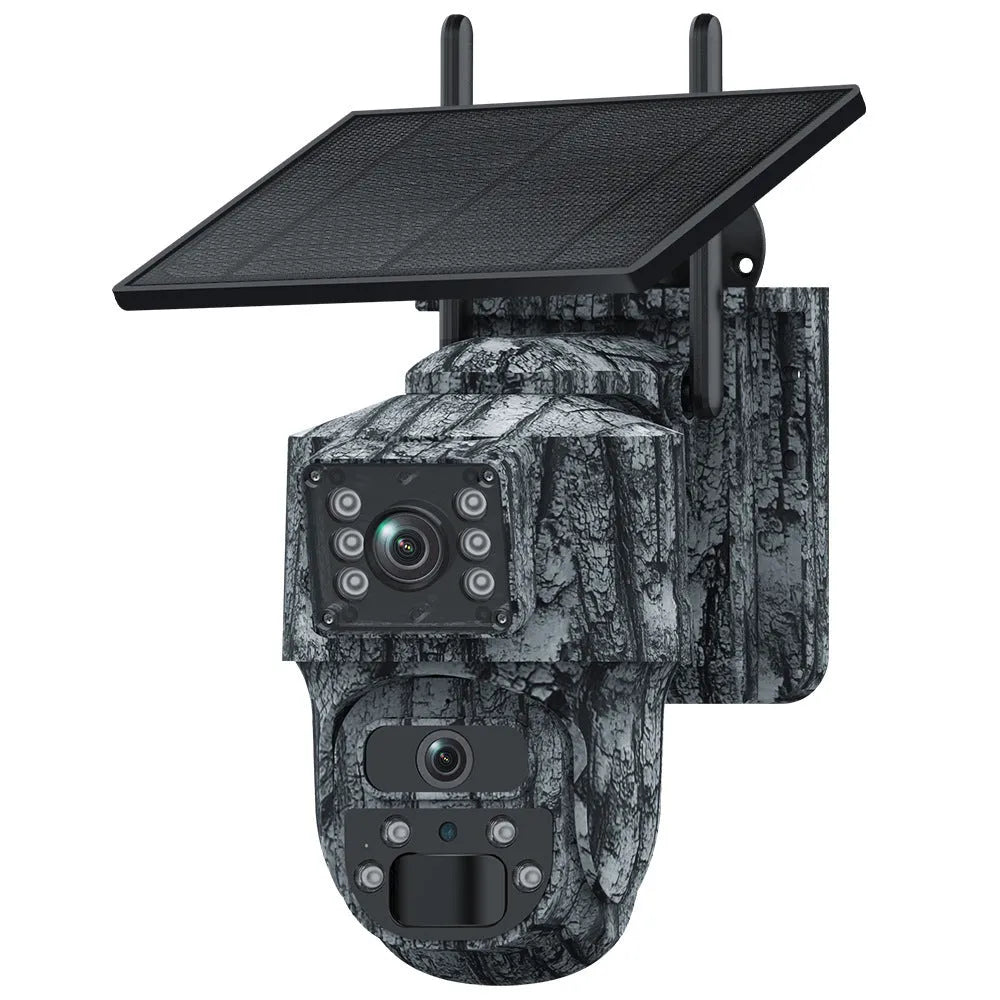 6MP solar surveillance camera with dual screen and solar panel, IP66 waterproof, ceiling mount, black housing