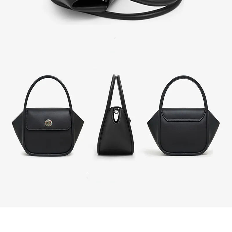 Women's leather wing shape tote bag with cross-body strap in four colour options showing buckle detail