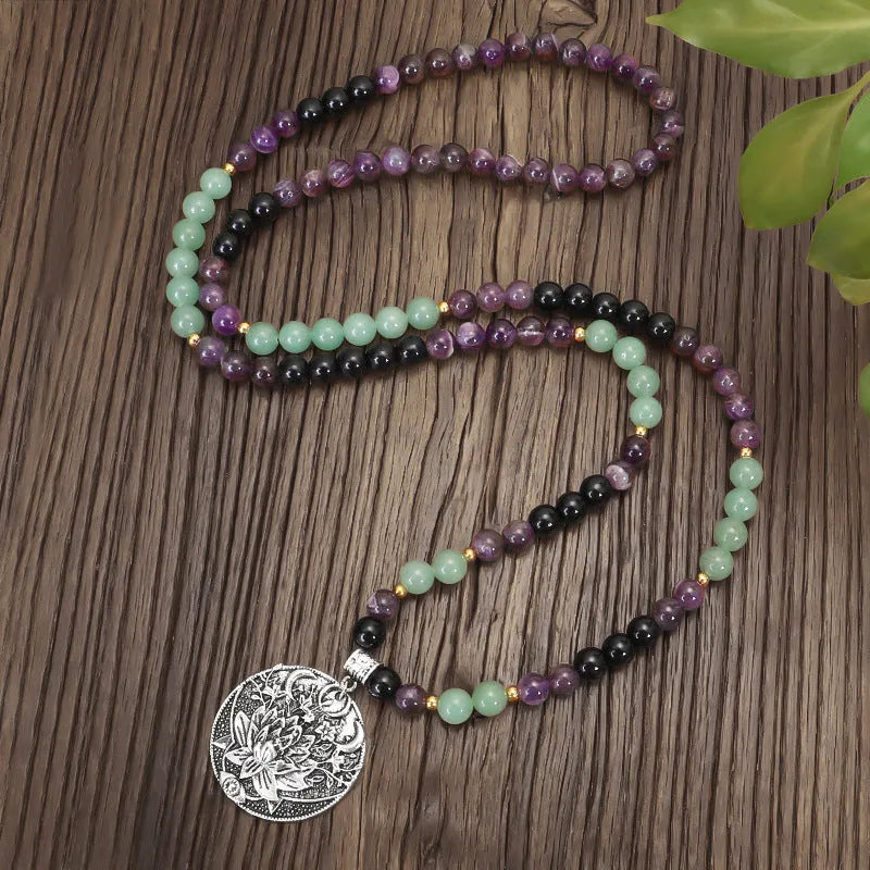 Dongling long yoga lotus pendant necklace and bracelet set with stone beads