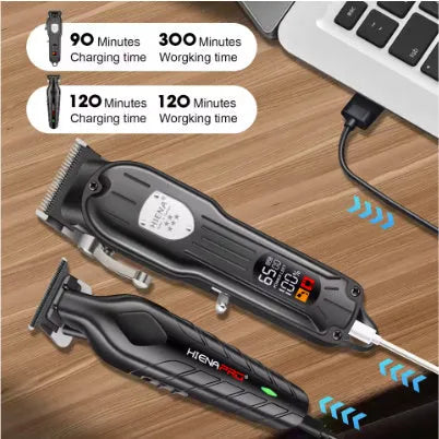 Black professional hair clipper set with USB charging port and LED display showing battery status