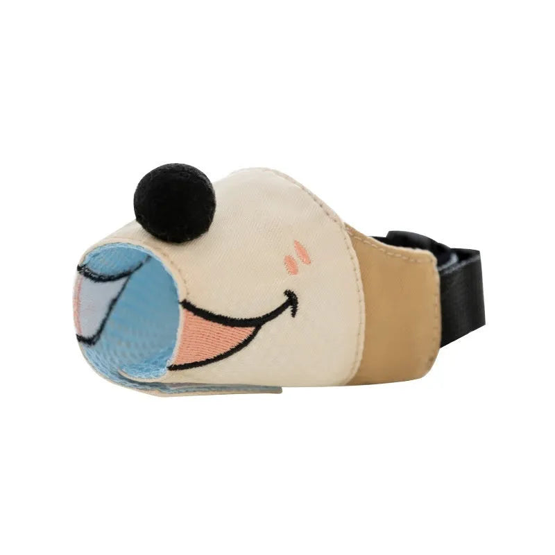 Canvas dog muzzle in Ollie Brown Bear colour, shown alongside Bondi Blue Shark option, with S, M, L, XL size labels.