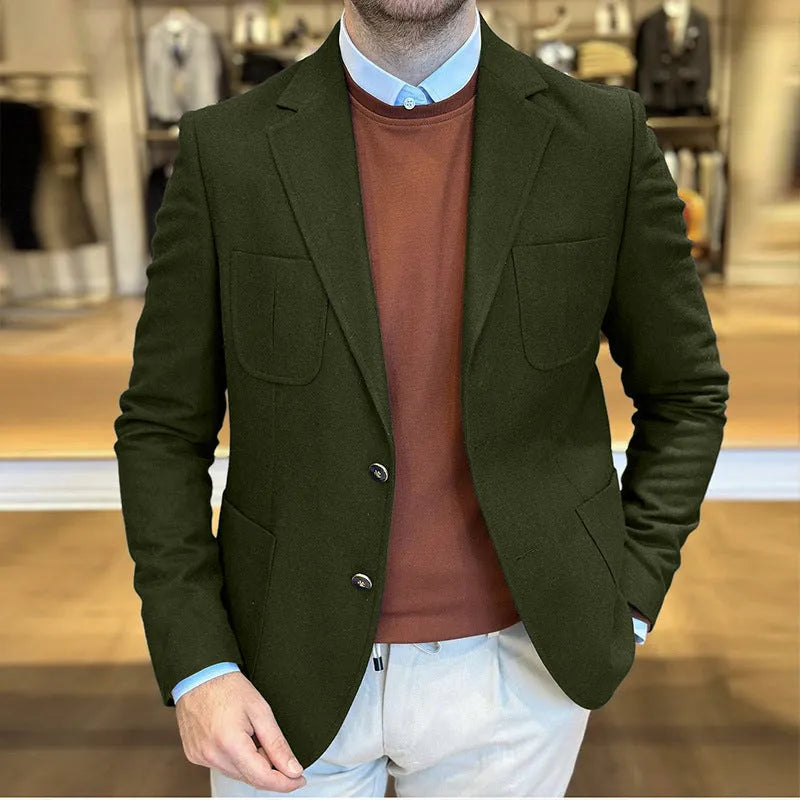 Men's casual cotton suit jacket in loose retro style showing tailored details and colour options