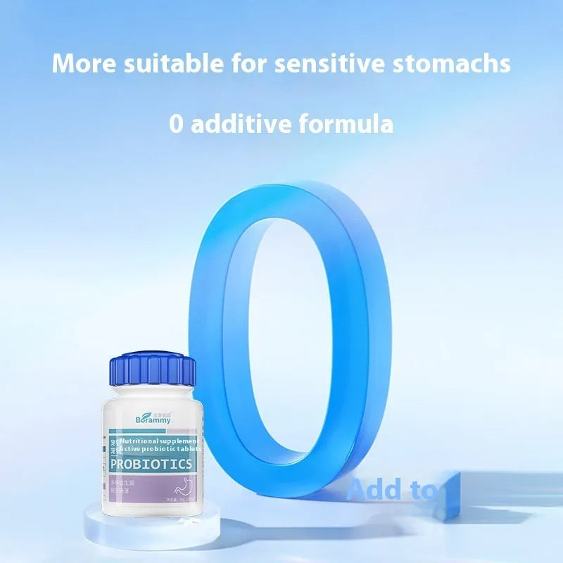 Bottle of 180 pet probiotic tablets for dogs and cats digestive support.