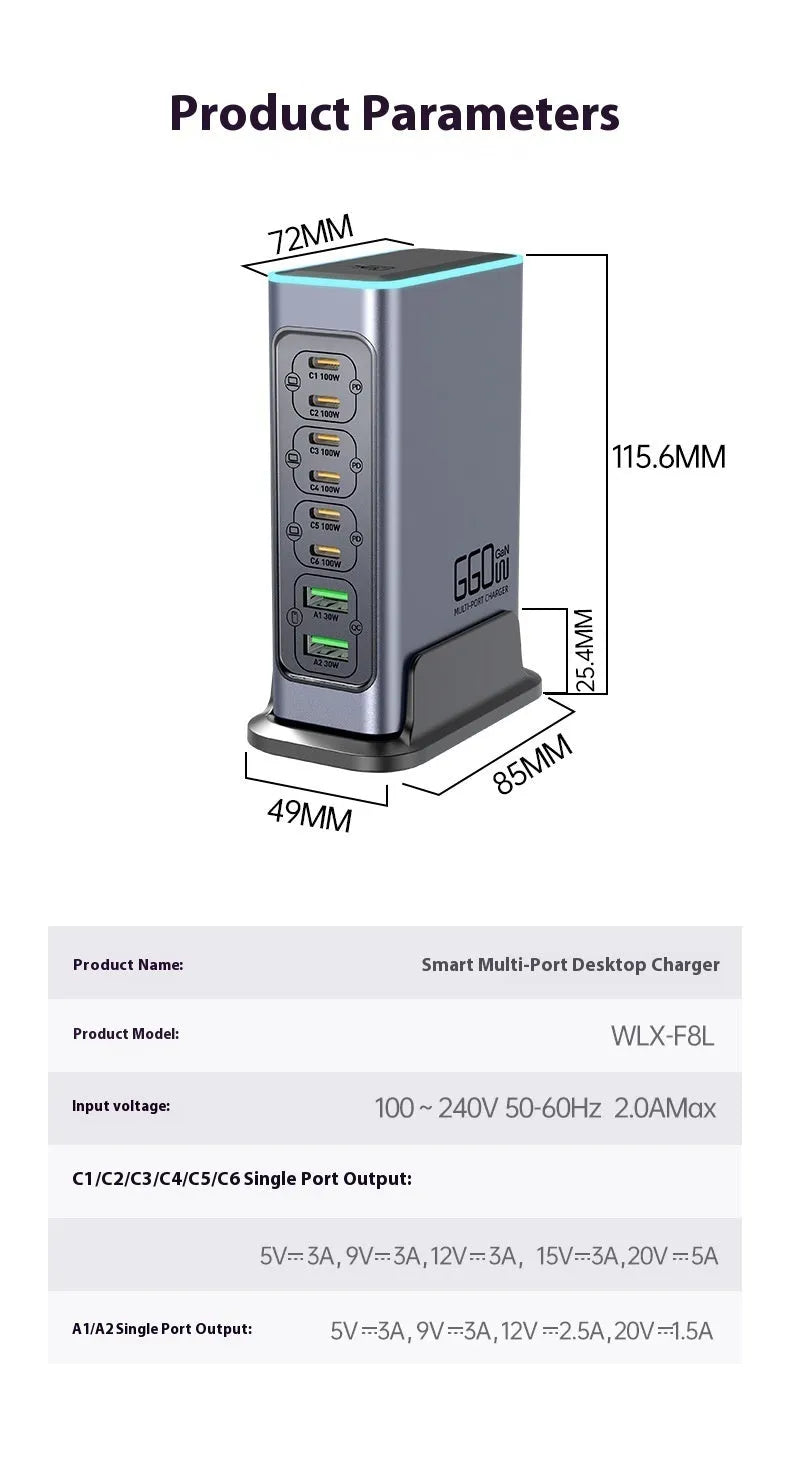Silver 660W Gallium Nitride desktop fast charger with multiple USB-C ports on a wooden desk.