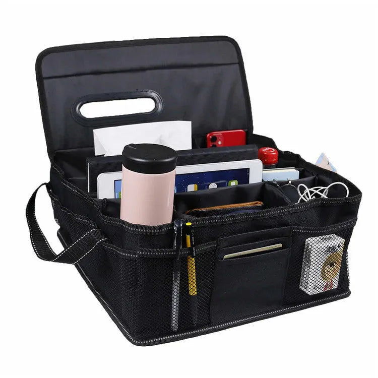 Black oxford cloth car trunk storage box with 33cm width and depth, 16cm height.