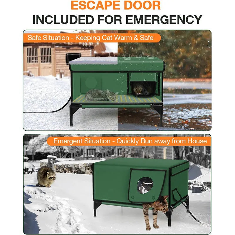 Green outdoor heated insulated foldable cat house made of 900D PVC with charger, available in S M L sizes