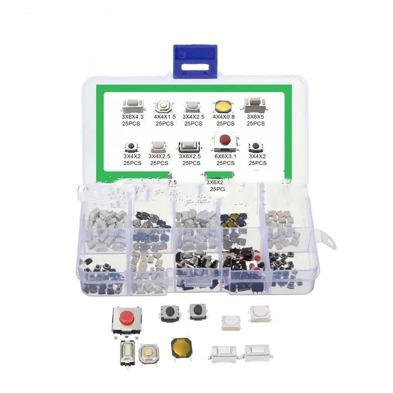 Box of 250 surface-mount push-button tactile switches for industrial electronics projects