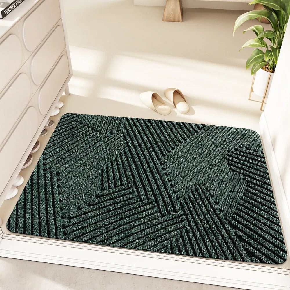 Silk ring diatom earth entrance mat in alien shape with cartoon anime pattern, colours green grey khaki blue
