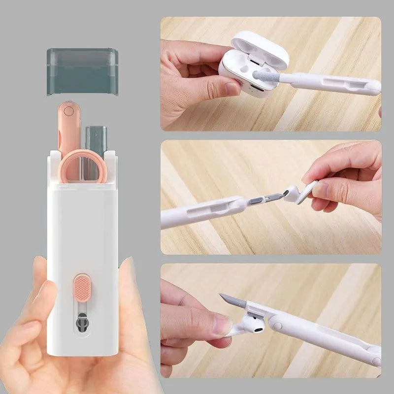 Multifunctional cleaning pen set with keycap puller, brush, spray bottle, and cloth for electronics