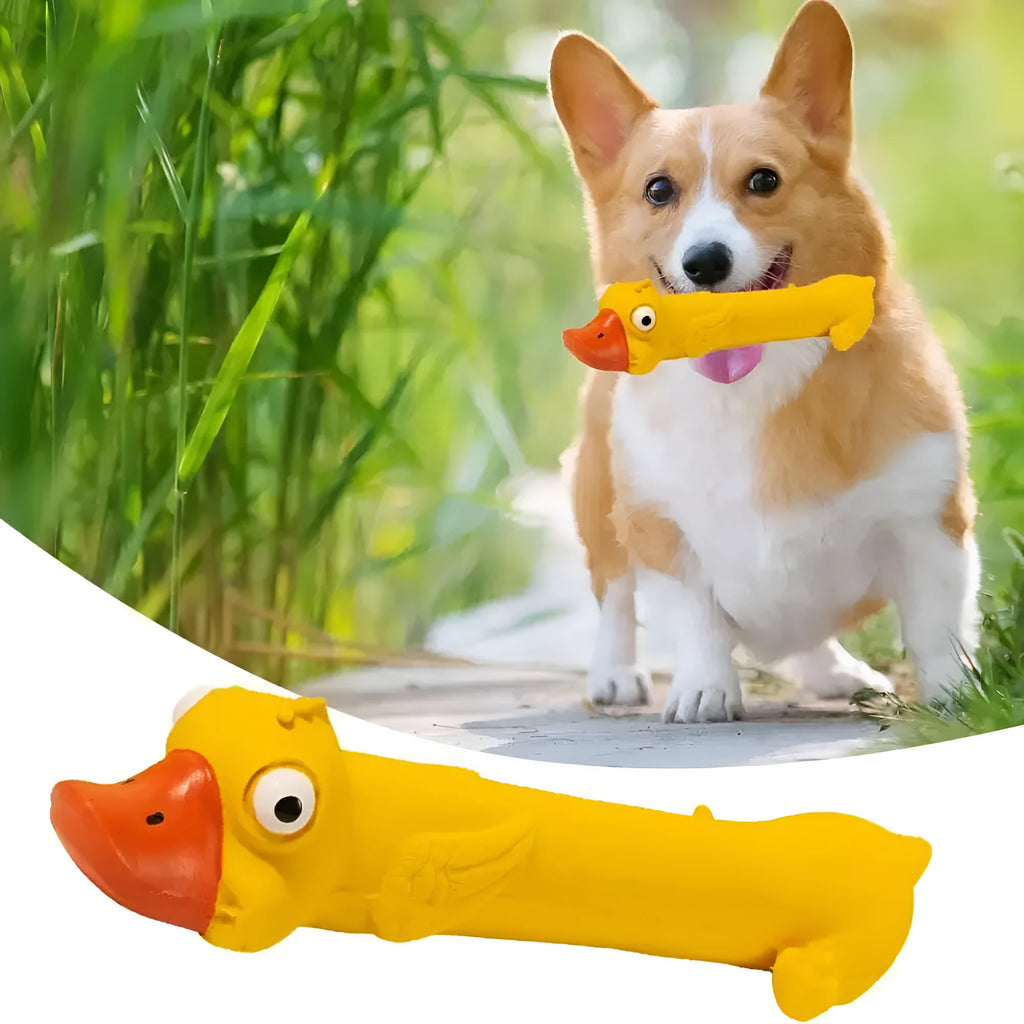 Yellow duck latex dog toy, 26cm long, with built-in squeak sounder for chewing and play