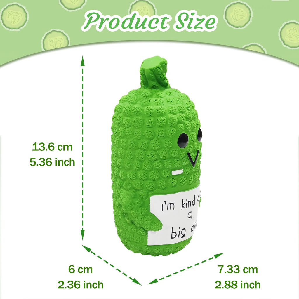 Green latex pickle dog chew toy with textured surface and squeaker inside.
