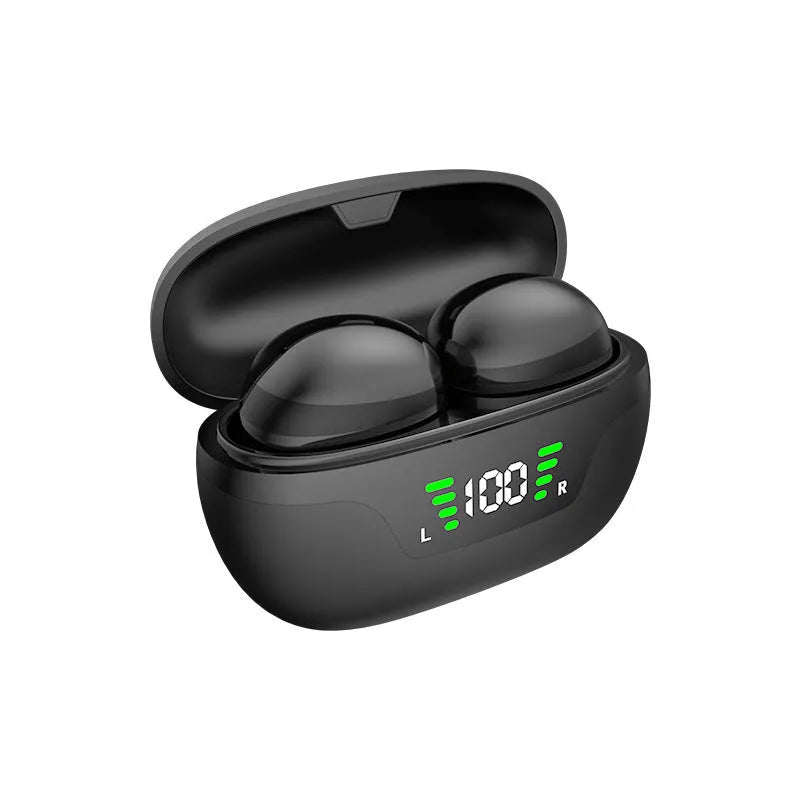 Black wireless Bluetooth Super Mini in-ear earphones with digital display screen and charging cable