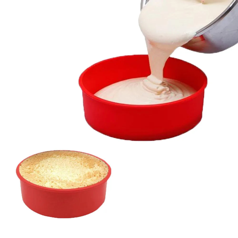 Red silicone round cake mould set showing three sizes: 8-inch, 6-inch, and 4-inch baking trays