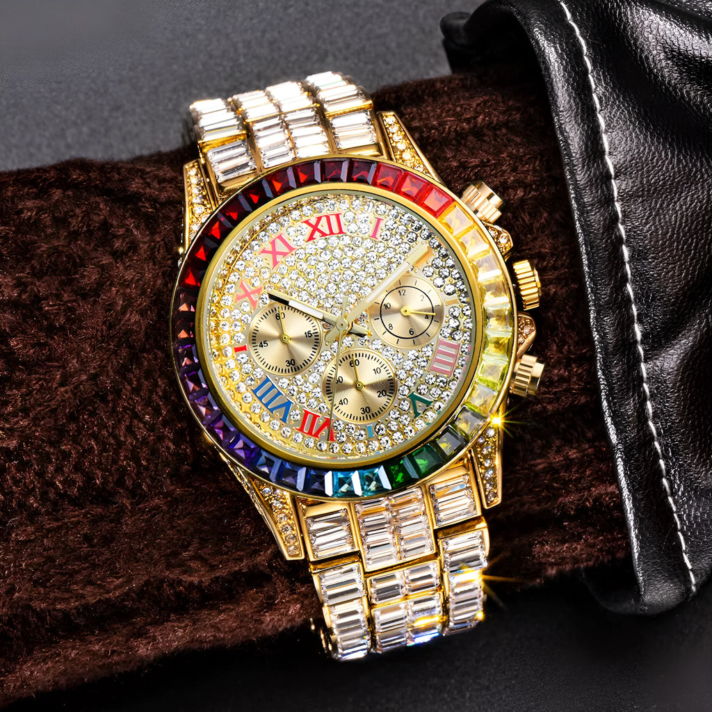Three eyes rainbow diamond quartz watch for men with 33mm circular dial and 30M waterproof rating