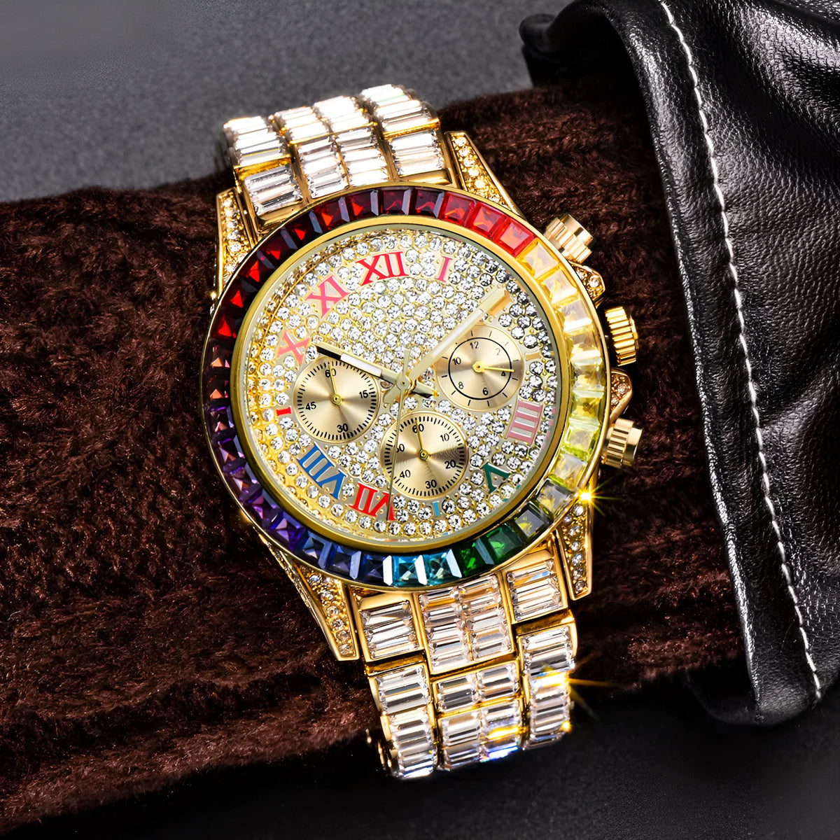 Three eyes rainbow diamond quartz watch for men with 33mm circular dial and 30M waterproof rating
