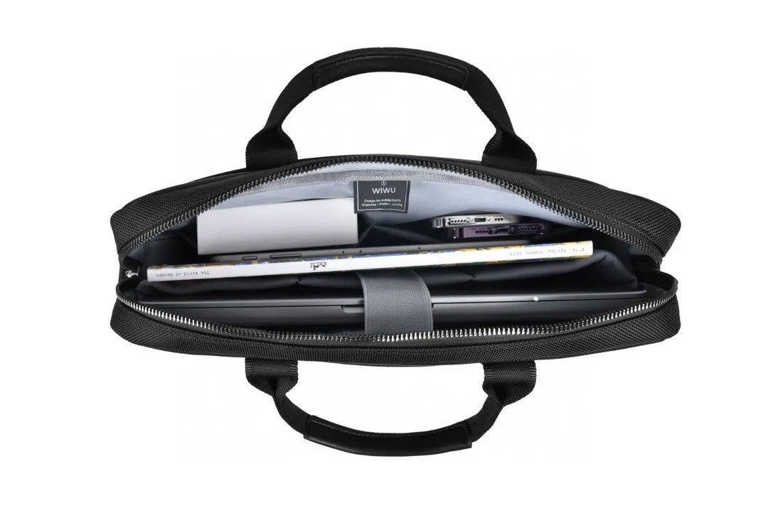 Black oxford cloth multi-pocket laptop handbag shown open, revealing separate padded computer layer and internal organisers.