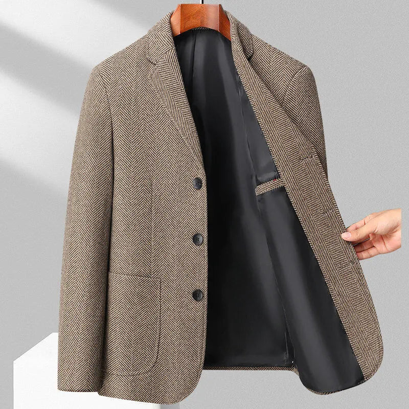 Men's loose-fit solid-colour wool blend overcoat for spring and autumn, shown in a neutral colour.