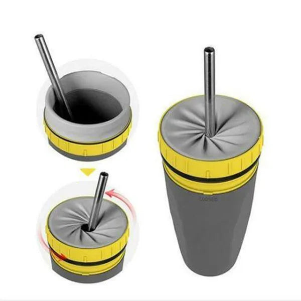 Double-walled insulated travel mug with twist-seal silicone membrane in cartoon design