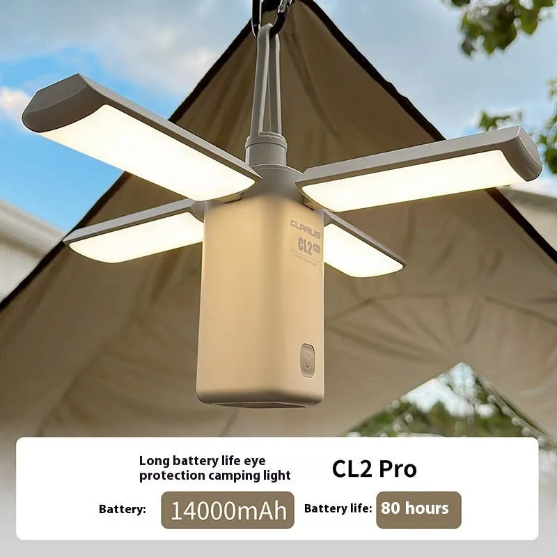 Rechargeable green and white LED campsite lamp with USB charging cable.