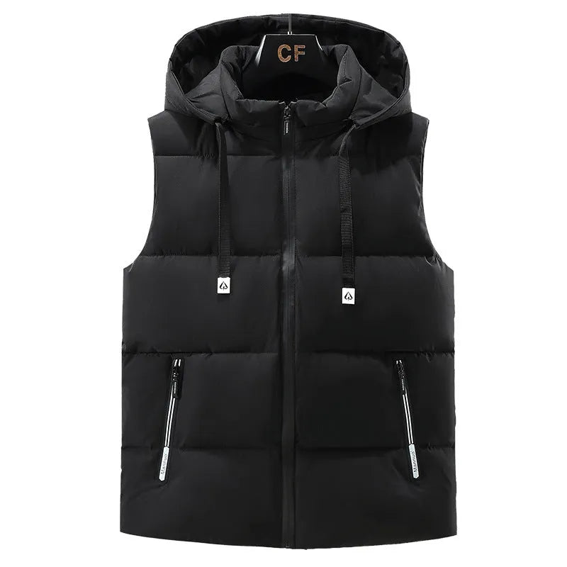 Men's thick polyester vest with removable cap in black or blue with straight hem design