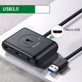 Deep black USB splitter hub with four ports, ABS plastic shell, and indicator light on desk
