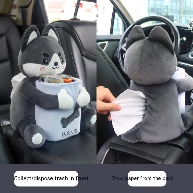 Plush hanging car tissue box for vehicle armrest with canine design options
