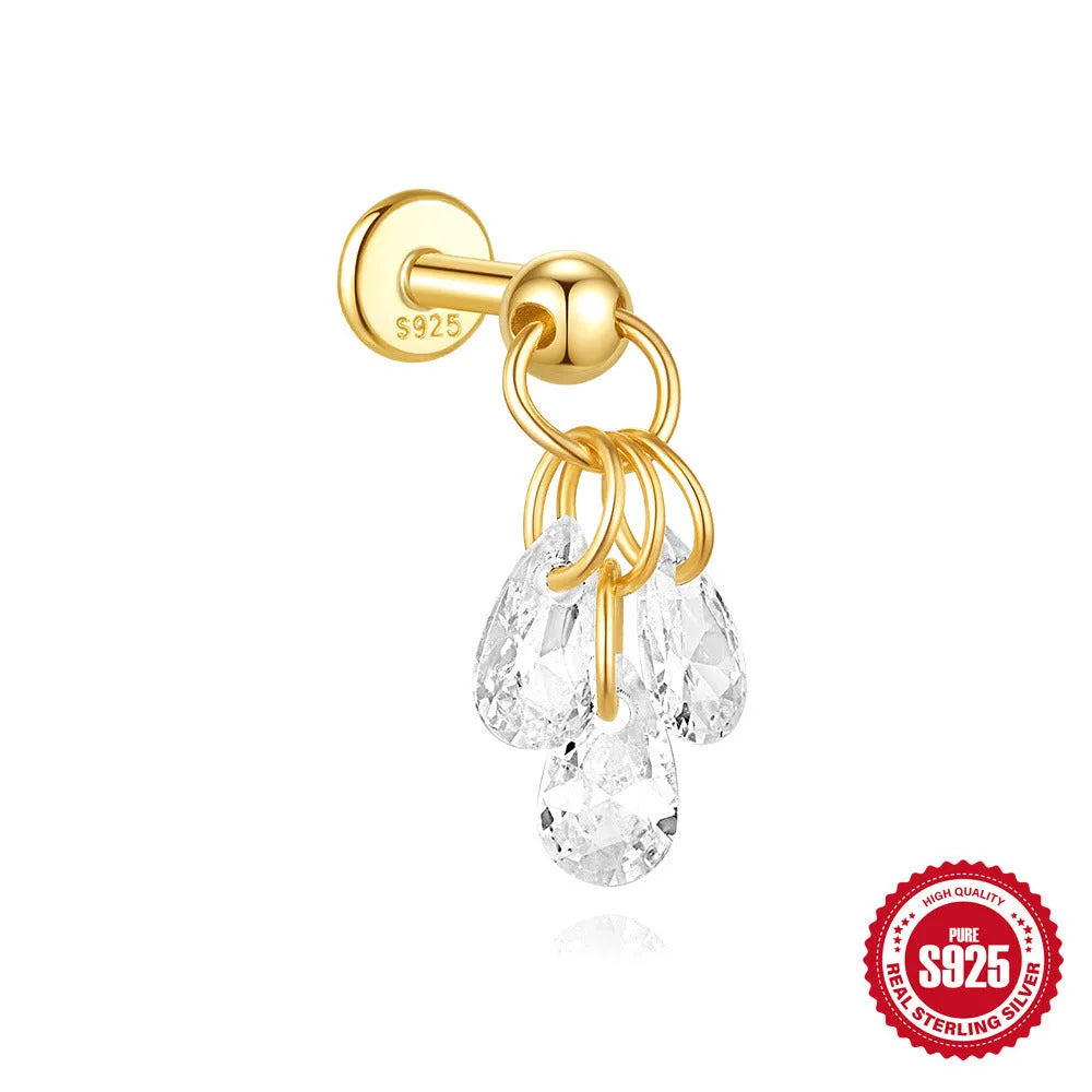 S925 sterling silver geometric earrings with a moon and embedded diamond star design in a gold-toned finish.