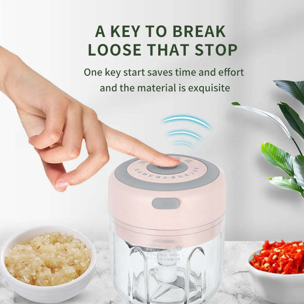 Mini electric garlic chopper with USB charging, stainless steel blade, and plastic cup