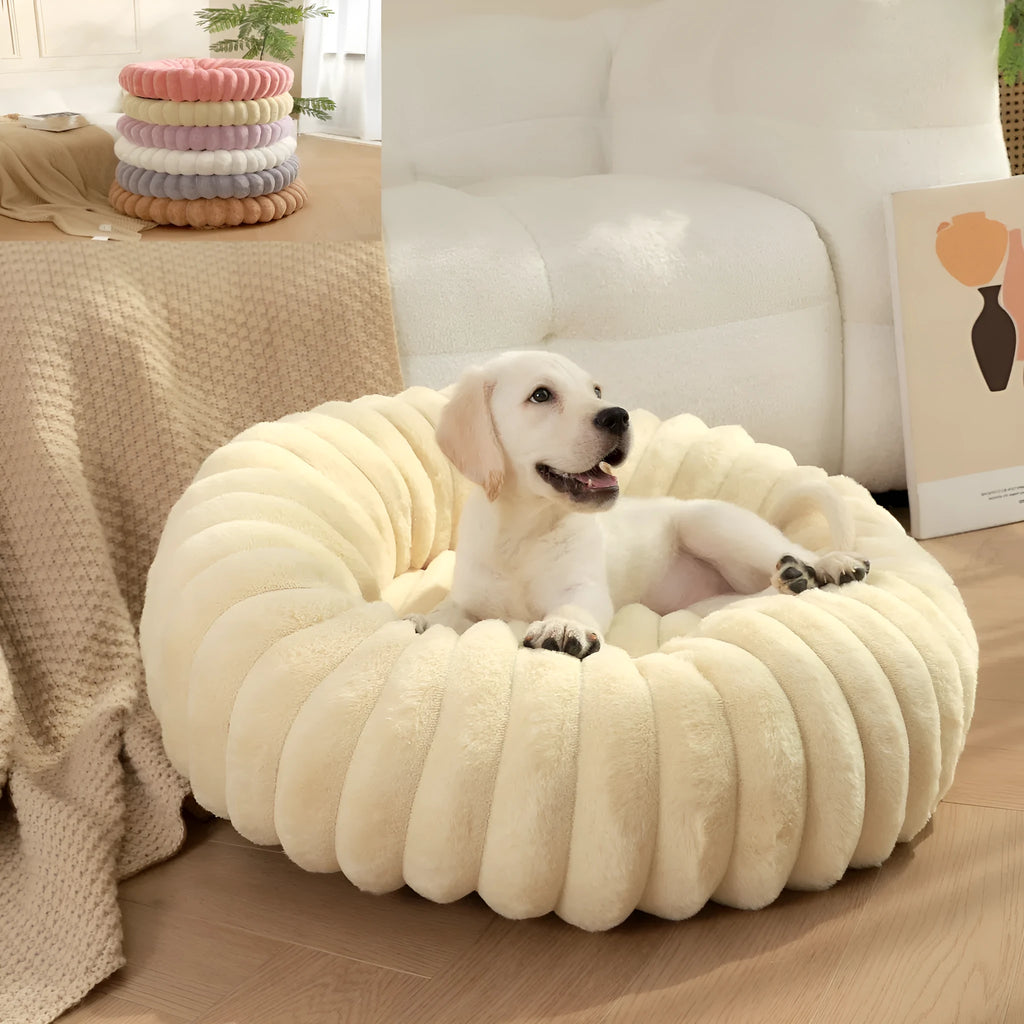 Round straight rabbit plush pet bed mat in beige colour, shown in a large size.