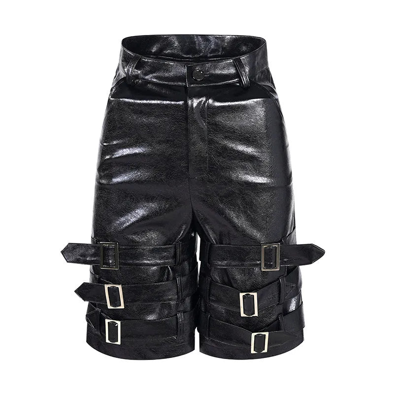 Black men's PU leather casual shorts with ring detailing, shown in a cropped pants style.
