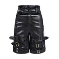 Black men's PU leather casual shorts with ring detailing, shown in a cropped pants style.