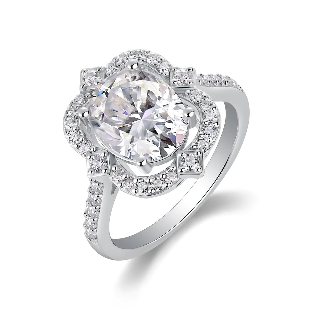 Camellia moissanite wedding ring set with egg-shaped 8x10mm stone, platinum-plated S925 silver band, gift box packaging