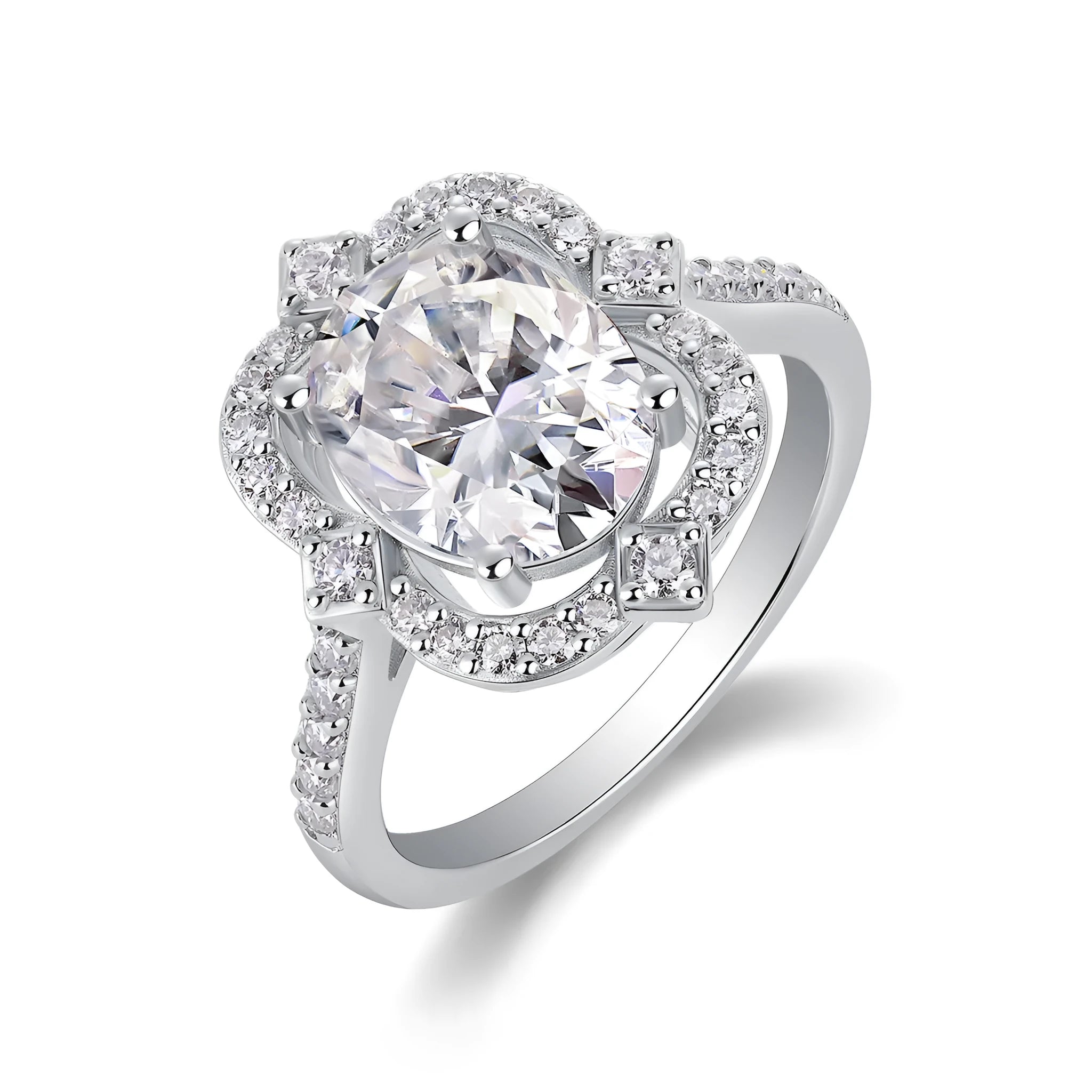 Camellia moissanite wedding ring set with egg-shaped 8x10mm stone, platinum-plated S925 silver band, gift box packaging