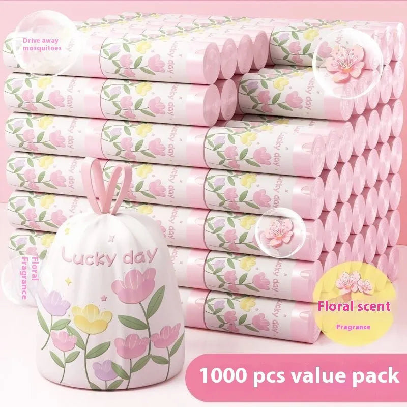 Pink degradable argy wormwood mosquito repellent garbage bags with bold drawstring.