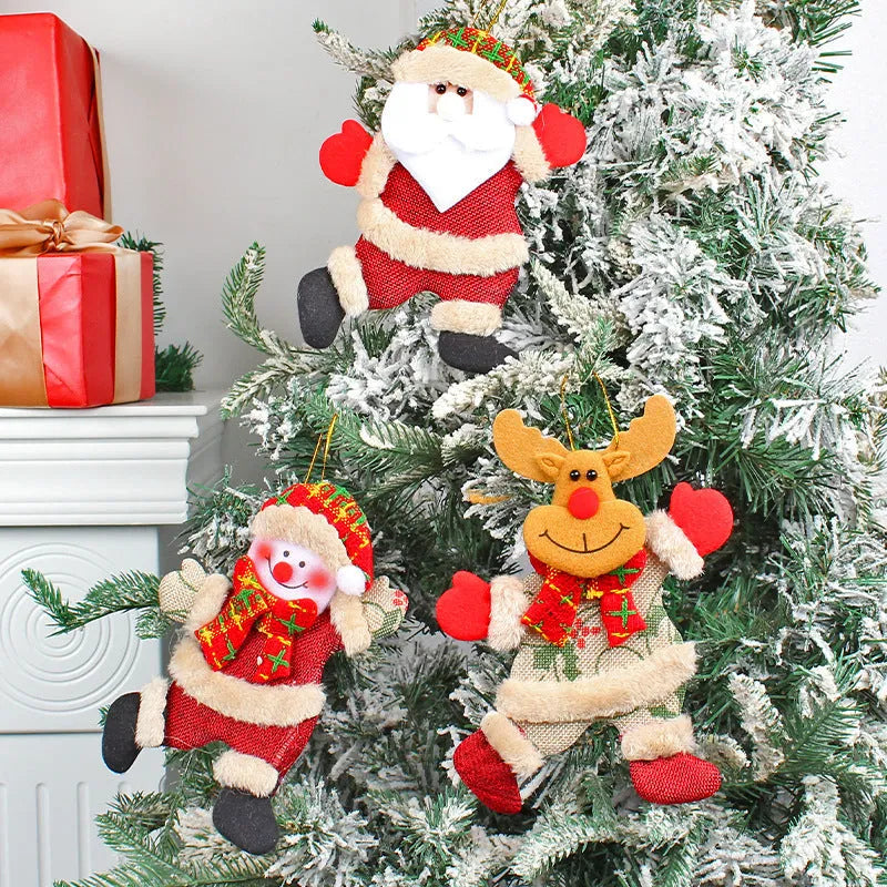 Set of four Christmas tree ornaments featuring Santa, snowman, reindeer and bear figures with red and white scarves