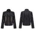 Black distressed raw-edge denim coat with padded shoulders and splash-dye gradient, paired with matching black pants.