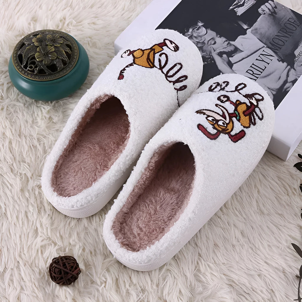White cartoon pattern plush toe holder slippers with a non-slip rubber sole.