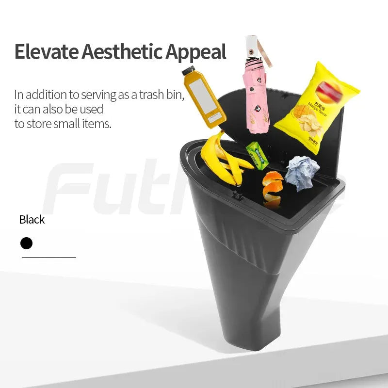 Two black plastic car trash cans designed for Tesla Model Y door pockets.
