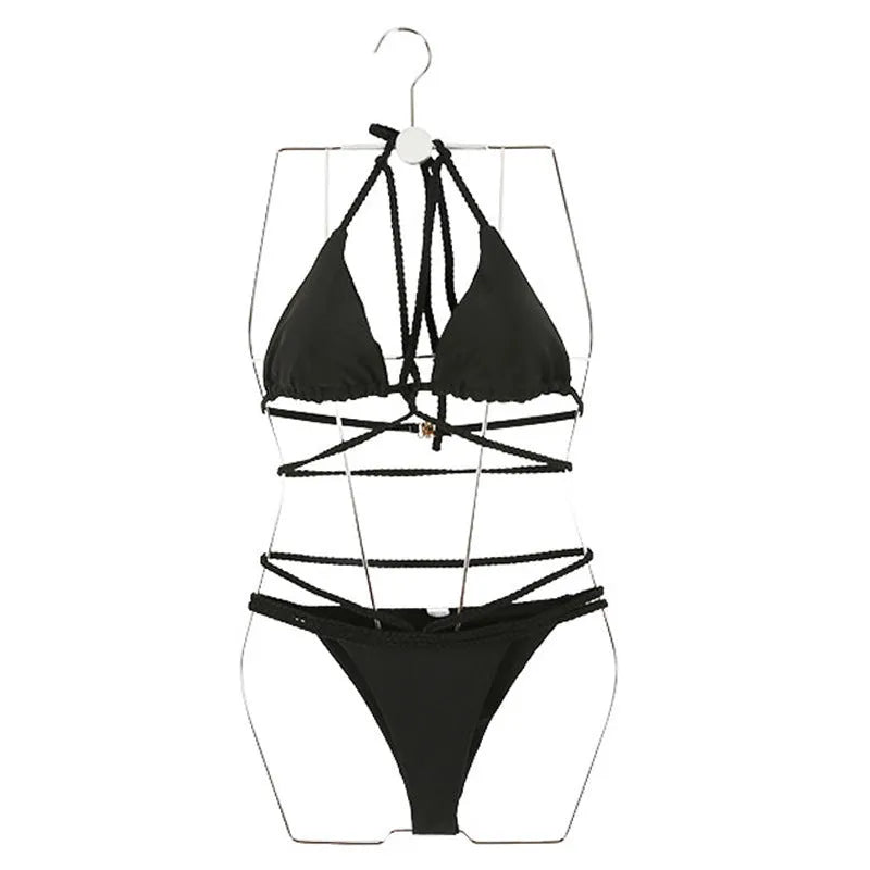 Black and red nylon bikini two-piece swimsuit set for hot springs and swimming.