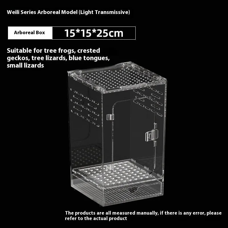 Clear acrylic reptile feeding box showing dimensions for small, medium, large, extra large, and arboreal sizes.