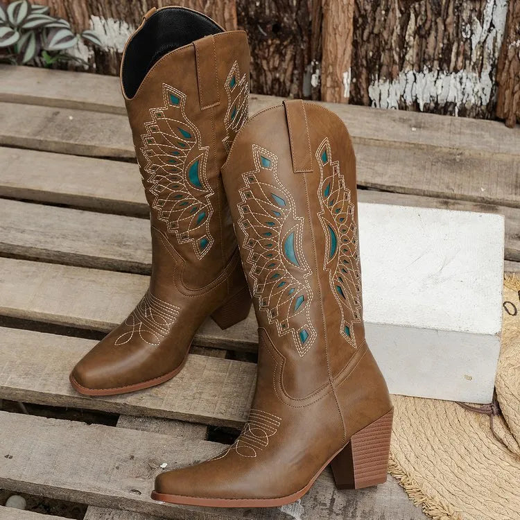 Embroidered square head knight boots for women in camel with mid heel and artificial PU upper
