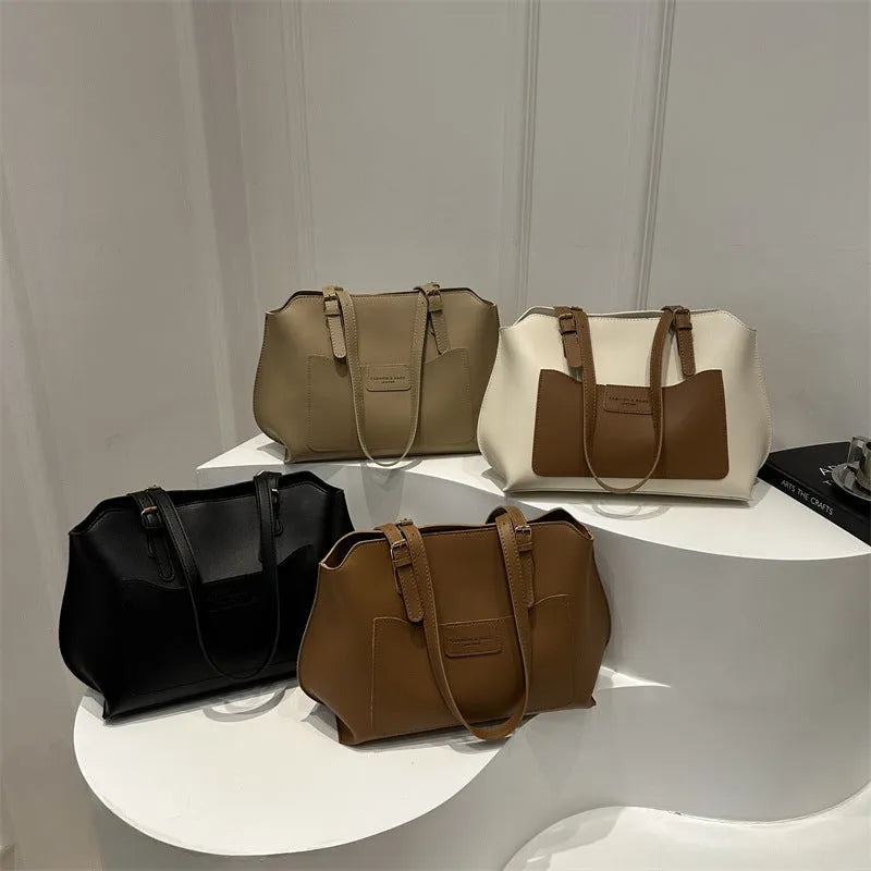 Women's structured PU tote bag in neutral colour with phone pocket and double shoulder straps.