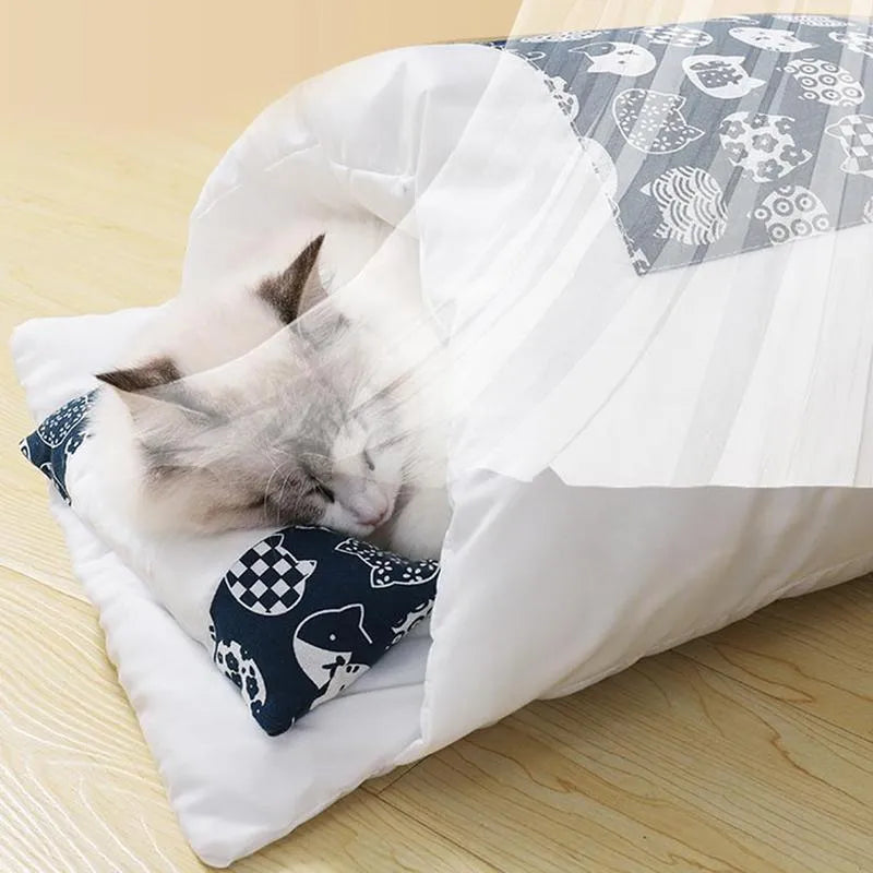 Grey removable sleeping bag cat bed with pillow shown in large size for pets up to 6 kg