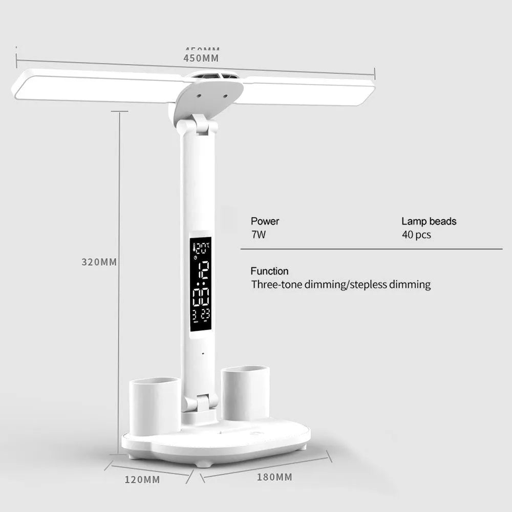 White multifunction LED desk lamp with clock, calendar, pen holder, and USB touch night light on a desk