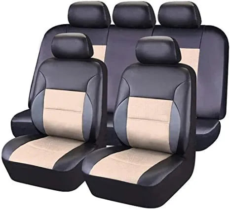 Set of black artificial leather car seat covers for front and rear seats with headrest covers and hooks.